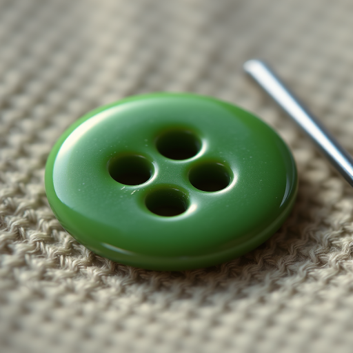 A high-resolution close-up of a shiny green button with four holes next to a silver needle, soft-focus background, natural lighting, ISO 100, f/2.8, 50mm lens, DSLR camera.