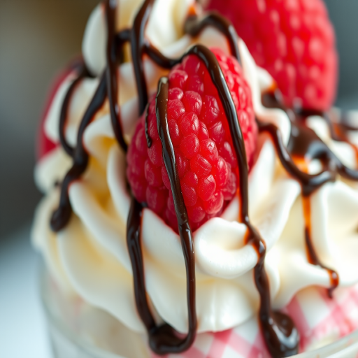 A detailed close-up shot of a decadent ice cream sundae topped with whipped cream, fresh raspberries, and chocolate drizzle, natural lighting, aperture f/2.8, shutter speed 1/100s, ISO 200, DSLR camera, macro photography style.