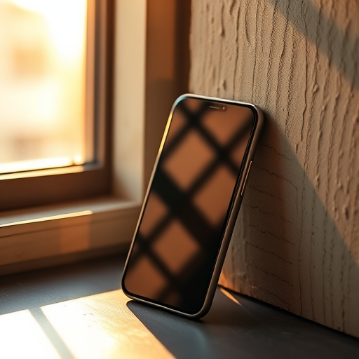 Generate an image of a smartphone leaning against a textured surface with sunlight casting shadows from a window, shot with a 50mm lens at f/1.8, ISO 200, and a warm color palette, capturing a soft focus background with a rich interplay of light and shadow.