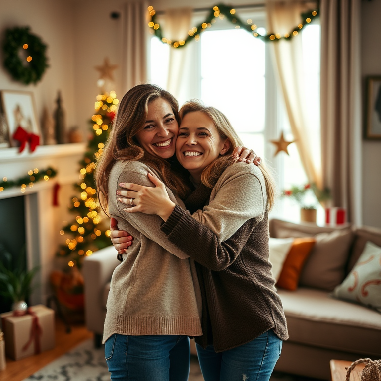 Capture a warm, heartfelt moment of two women embracing joyfully in a cozy living room decorated for Christmas, natural lighting, shallow depth of field, ISO 200, aperture f/2.8, 50mm lens, DSLR camera.