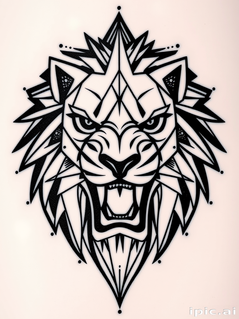 Striking geometric blackwork tattoo of a roaring lion head composed of intersecting lines and shapes, utilizing precise symmetry and dotwork accents for a modern, graphic aesthetic