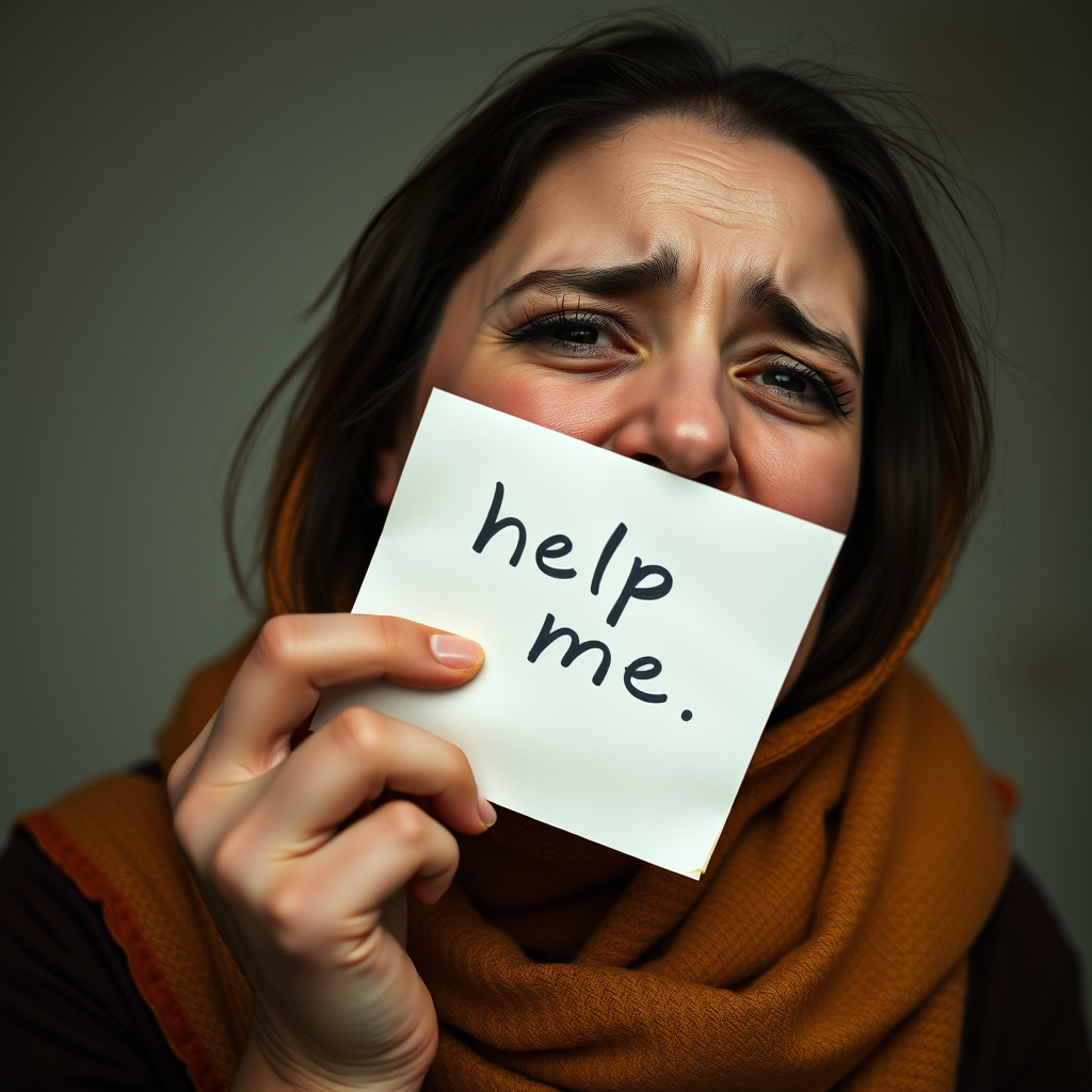 crying woman holding a note which says "help me"