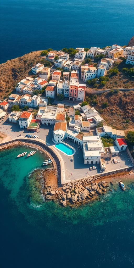 Aerial view of a coastal town with white buildings and blue sea, bright daylight, Canon EOS 5D Mark IV, aperture f/8, shutter speed 1/250s, ISO 100, landscape orientation, vivid colors.