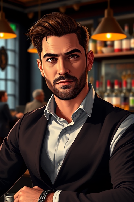 create a realistic digital illustration of a confident bartender in a stylish bar setting, with a focus on detailed facial features and attire, using a Canon EOS R5 camera with a 50mm f/1.2 lens, set at ISO 100, aperture f/2.8, and shutter speed 1/125 sec, lighting should emphasize textures and colors, capturing a warm and inviting atmosphere.