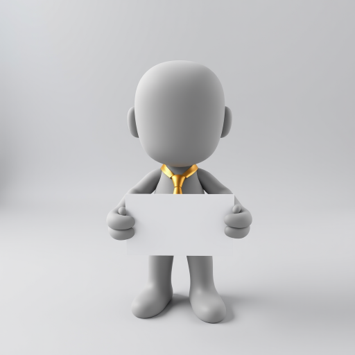 Create a minimalist 3D illustration of a character with a spherical perspective, featuring a gray humanoid figure holding a blank card, wearing a golden tie, shot with a Canon EOS R5 at f/2.8, ISO 100, 50mm lens, in soft lighting for enhanced depth and detail.