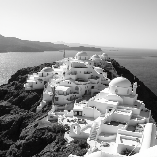 capture a stunning black and white landscape of Santorini with its iconic white buildings cascading down a cliff, including a view of the ocean and mountains in the background, using a Canon EOS R5, 24mm lens, f/8 aperture, ISO 100, and a wide-angle view to enhance depth and detail