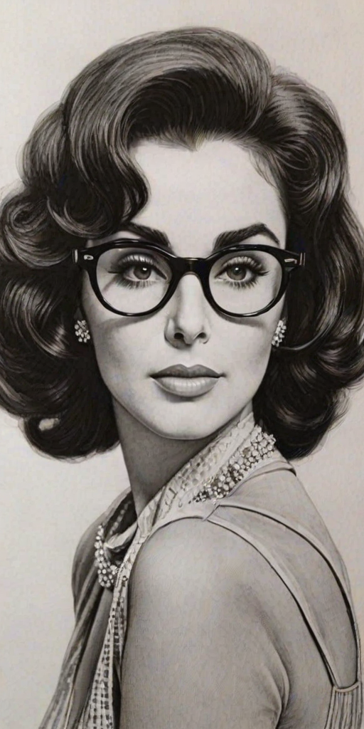 Ravishing Elizabeth Taylor, pencil sketch, portrait of Exquisite woman 1973s in glasses, hair style beatnik, outline, clear lines, fine lines, 8k
