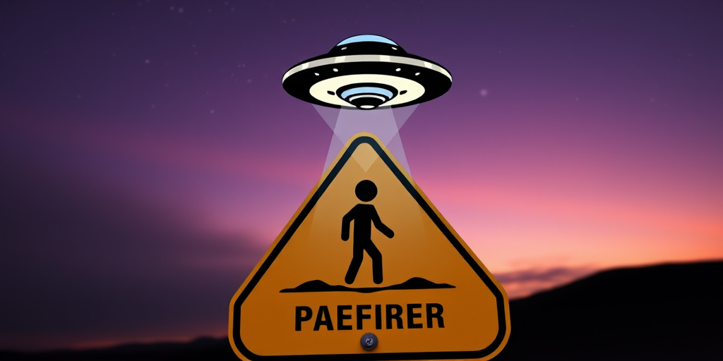 Create an image of a caution sign featuring a UFO hovering above a stick figure being abducted, using a DSLR camera with an aperture of f/8, ISO 100, shutter speed of 1/250s, in a crisp, vibrant vector style.