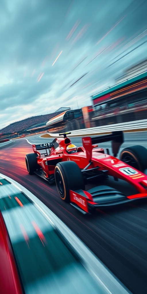 High-speed Formula 1 car on a racetrack, dynamic motion blur, vibrant splashes of color, shot with a DSLR camera at 1/1000 sec, f/5.6 aperture, ISO 400, wide-angle lens, angled view from the side for dramatic effect.