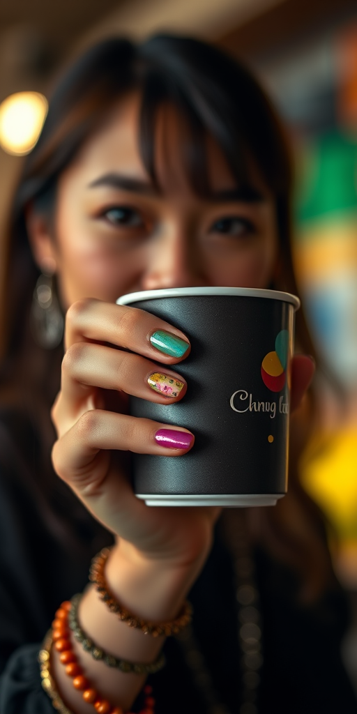 detailed edges, detailed image, perfection style, A cinematic detailed image of a woman with colorful nails holding a cup in front of camera, movie themed, sharp, detailed background, epic cinematic photography, artistic style, dramatic light style, cinematic color style, Kodak 35mm film style, detailed style, hand focus style, 1girl, solo, holding, jewelry, nail polish, blurry, bracelet, fingernails, depth of field, blurry background, red nails, close-up, blue nails, green nails, yellow nails, multicolored nails, nail art, pink nails, realistic, long sleeves, black shirt, beads, bead bracelet, photorealistic, hand focus