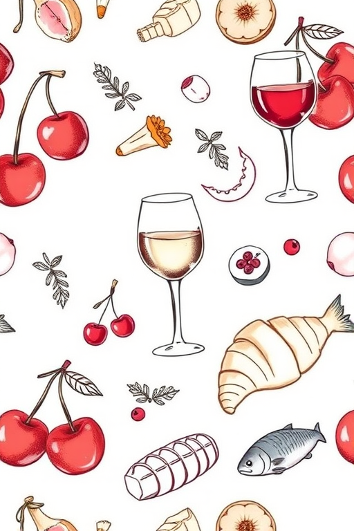 Create a seamless pattern of hand-drawn food and drink items including cherries, a wine glass, a croissant, and a fish, using a high-resolution digital illustration technique, with a neutral background, captured with a DSLR camera at f/8 aperture, ISO 100, 50mm lens, in natural light.
