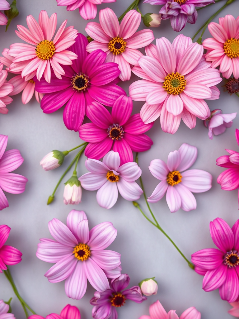 Create a high-resolution pattern of colorful flowers in shades of pink and purple on a soft gray background, using a DSLR camera with a 50mm lens at f/1.8, ISO 100, and a shallow depth of field to enhance the details and vibrancy of the flowers.