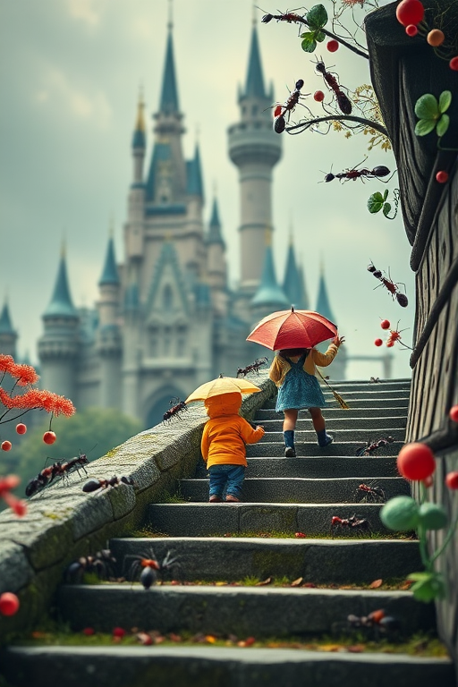 Create a whimsical fantasy scene featuring a child with an umbrella ascending a staircase, surrounded by animated ants and a castle in the background, capture it with a DSLR camera, f/8 aperture, ISO 100, 24mm lens, soft focus effect, vibrant colors.