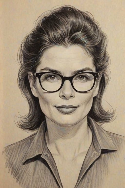 Fascinating Julia Ormond, pencil sketch, portrait of Fetching woman 1953s in glasses, hair style beatnik, outline, clear lines, fine lines, 8k