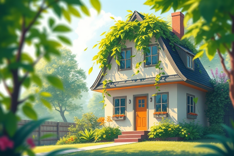 Create a vibrant illustration of a house with green leaves growing from the roof, using a high-resolution digital style, set in a bright, sunny environment with soft shadows, captured with a DSLR camera at f/8 aperture, 50mm lens, and with a shallow depth of field for enhanced focus on the house and foliage.