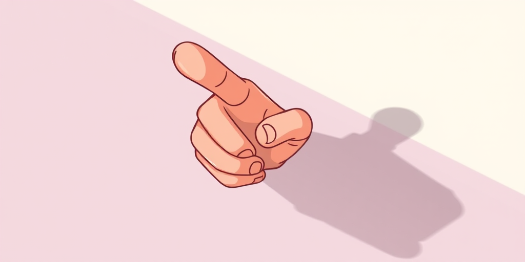 Create a high-resolution illustration of a cartoon hand pointing downwards with strong shadows and highlights, using a soft color palette, captured in a digital art style with vibrant saturation, at 300 DPI resolution, using a top-down perspective, and simulated lighting similar to natural daylight.