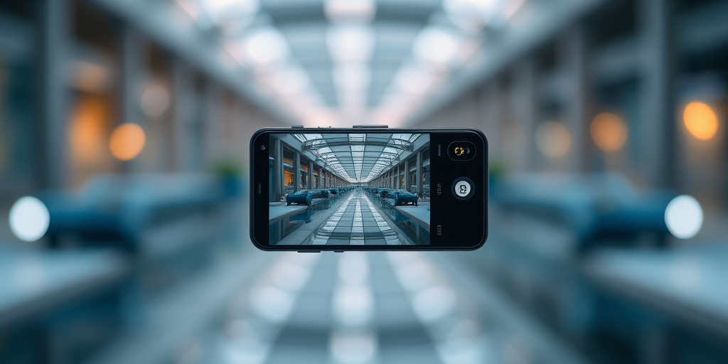 Create an image of a modern smartphone with a sleek design, set against a blurred background, using a Canon EOS R camera with a 50mm lens, aperture set to f/1.8, ISO 100, and shutter speed 1/125s for enhanced detail and depth of field.