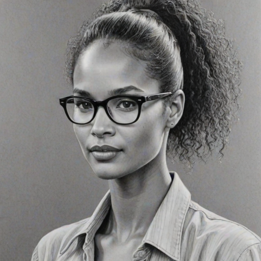 Ravishing Joy Bryant, pencil sketch, portrait of Superb woman 1980s in glasses, hair style beatnik, outline, clear lines, fine lines, 8k