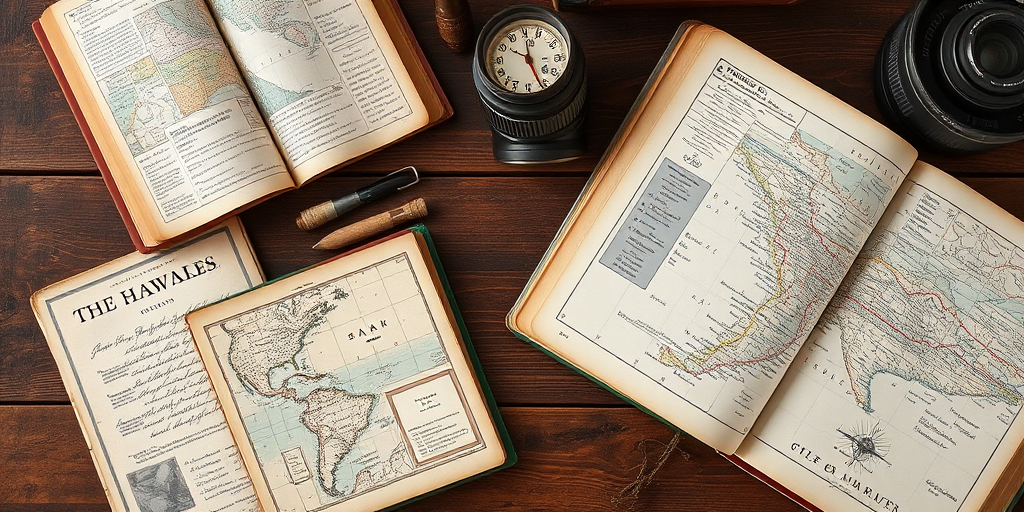 create a flat lay composition of vintage books and maps on a wooden table, use natural lighting, DSLR camera, aperture f/2.8, ISO 100, 50mm lens, focus on texture and detail to enhance image quality