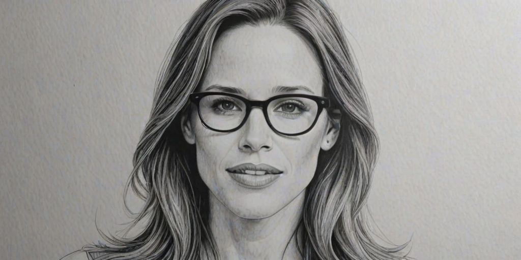 Bewitching Jennifer Garner, pencil sketch, portrait of Delightful woman 1977s in glasses, hair style beatnik, outline, clear lines, fine lines, 8k