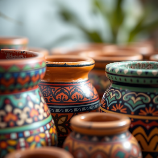 Create a vibrant close-up image of intricately designed ceramic pots, emphasizing their colorful patterns and textures, using a DSLR camera with a 50mm lens, f/2.8 aperture, ISO 100, natural light, and a shallow depth of field to create a soft background blur.