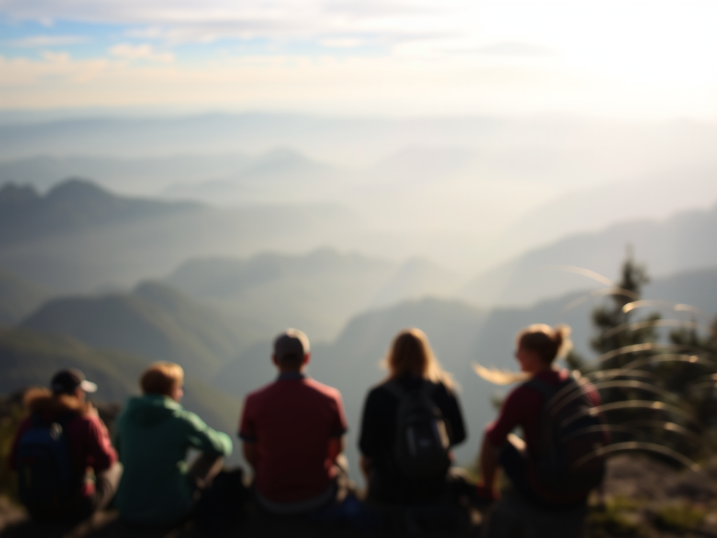 Blurry, candid photo of a group of hikers resting at a mountain overlook, distant peaks stretching into the horizon, soft light from the setting sun casting long shadows, and the sound of wind rustling through the trees.