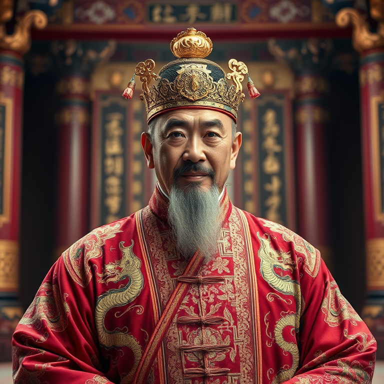 Regenerate a portrait of a majestic emperor in an ornate traditional robe with intricate dragon designs in a grand palace setting, emphasizing rich colors and textures, with soft natural lighting, using a DSLR camera, f/2.8 aperture, 50mm lens, and a depth of field effect to enhance the focus on the subject.