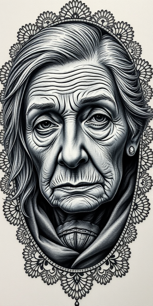 Realistic black and grey portrait tattoo called "Timeless Gaze" depicting an elderly woman's weathered face with intricate wrinkles, piercing eyes, and wispy hair, surrounded by a frame of delicate lace patterns