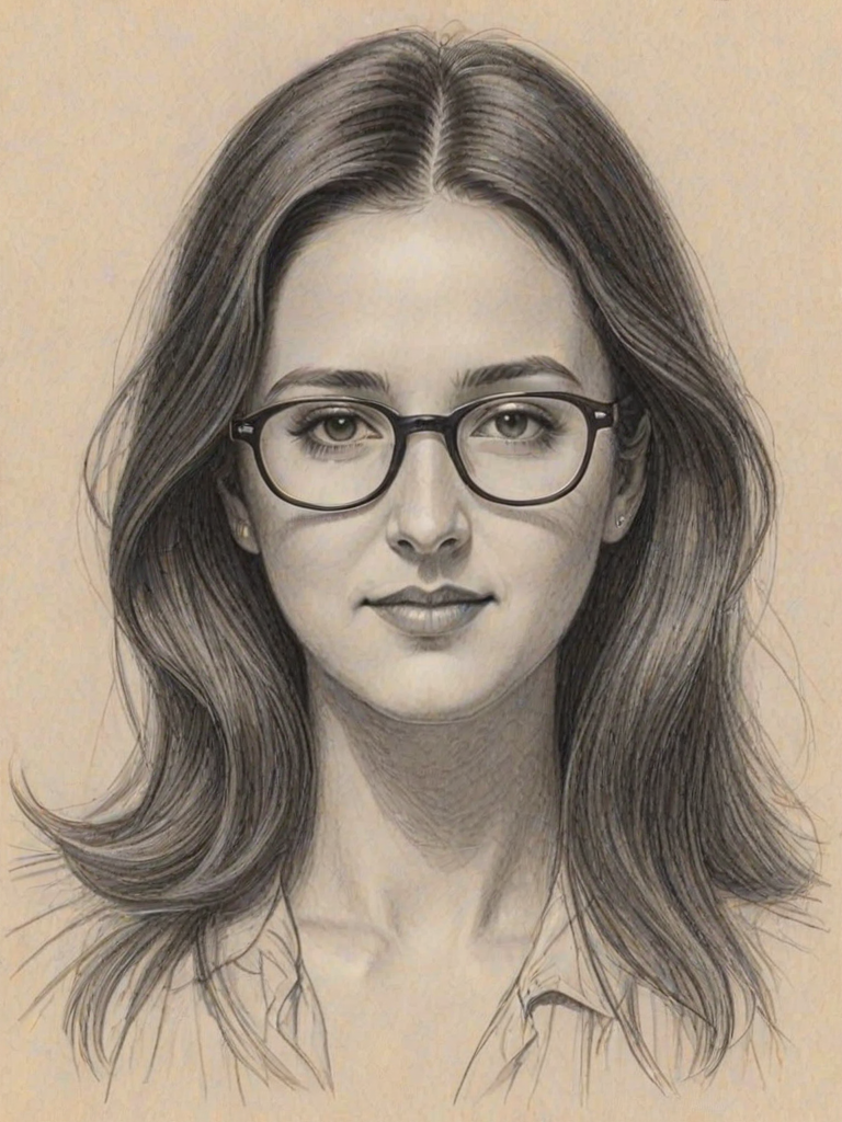 Stunning Vanessa Carlton, pencil sketch, portrait of Bewitching woman 1942s in glasses, hair style beatnik, outline, clear lines, fine lines, 8k