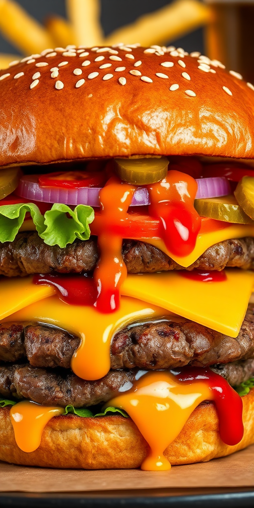 High-resolution, close-up image of a gourmet double cheeseburger. The burger features a glossy, sesame-seed-topped brioche bun. Inside, there are two thick, juicy beef patties, each topped with melted cheddar cheese. The burger is garnished with fresh lettuce, tomato slices, diced onions, and pickles. A generous amount of ketchup and a creamy, orange-colored sauce is dripping down the sides, adding to the mouth-watering appeal. In the background, there are blurred elements including a side of golden French fries and a hint of a beverage, enhancing the overall presentation of a delicious meal.