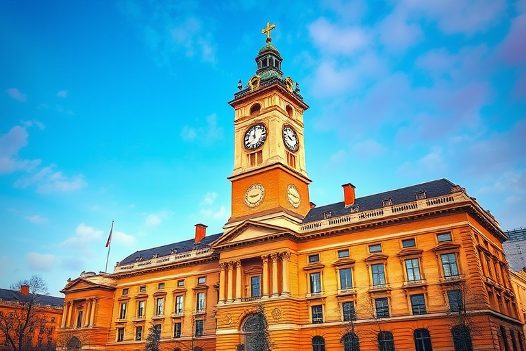 Create a detailed image of a historic building with a prominent clock tower, set against a vibrant abstract background with varying colors, shot with a DSLR camera at f/8 aperture, ISO 100, with a 35mm lens, in landscape orientation, utilizing a high dynamic range imaging technique.