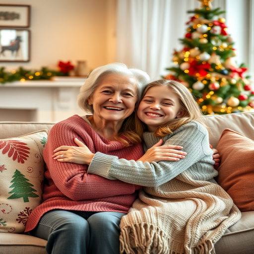 Create a warm and cozy indoor scene featuring a joyful grandmother and granddaughter embracing on a sofa adorned with festive pillows, a decorated Christmas tree in the background, captured with a Canon EOS R5 camera, 50mm lens, f/1.8, ISO 200, with soft natural lighting to enhance facial expressions and holiday ambiance.