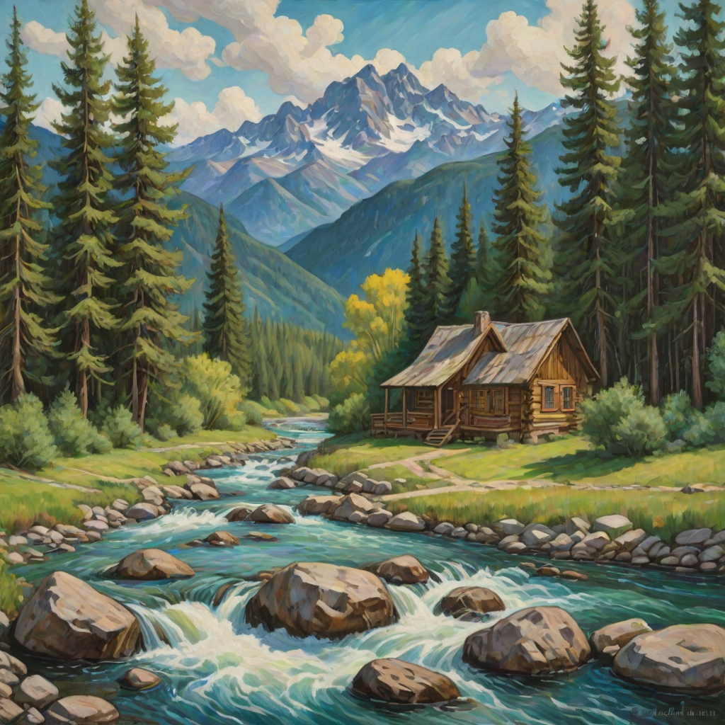 This Van Gogh-inspired painting depicts a peaceful scene of a small cabin located near a flowing river. The scene is surrounded by lush vegetation, including tall trees and rocky terrain. In the background, majestic mountains rise under a sky filled with rolling clouds. The river gently cascades over the rocks, adding a sense of movement and tranquility to the scene. The use of vibrant colors and detailed brushstrokes create a sense of depth and harmony in the natural setting.