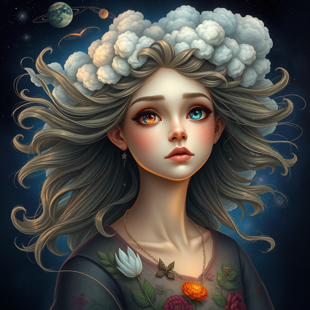 Create a series of imaginative portraits where each subject is infused with elements of fantasy and nature. The hair of the individuals should flow like clouds, varying from soft, fluffy cumulus to wispy cirrus strands, with hints of color reflecting a sunset or a clear blue sky. The eyes should be windows to entire galaxies, with stars, nebulae, and distant planets visible within them. Clothing should be adorned with nature motifs, such as floral patterns that bloom and change, vines that seem to grow and wrap around, or feathers that shimmer with iridescence. Each portrait should capture a unique personality, blending human features with the ethereal beauty of the natural and cosmic world. The backgrounds can vary, from starry night skies to enchanted forests, adding depth and context to the magical realism of the portraits