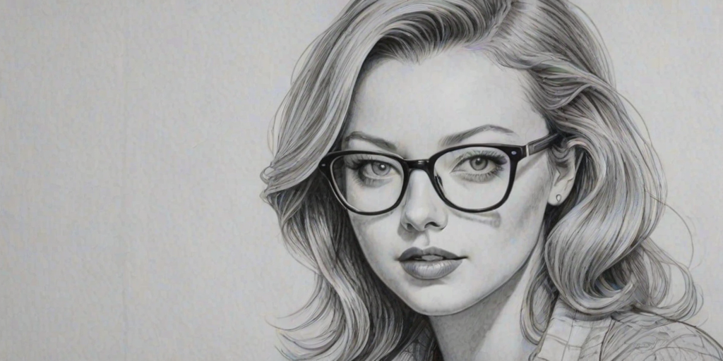 Enticing Francesca Eastwood, pencil sketch, portrait of Resplendent woman 1949s in glasses, hair style beatnik, outline, clear lines, fine lines, 8k