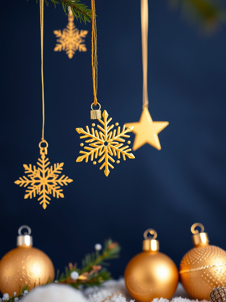 Create a festive background with gold ornaments including a snowflake, a star, and two spherical decorations, hanging against a deep navy blue backdrop, shot with a Canon EOS R5, 50mm lens, f/2.8 aperture, ISO 100, and a soft focus effect for a dreamy quality.