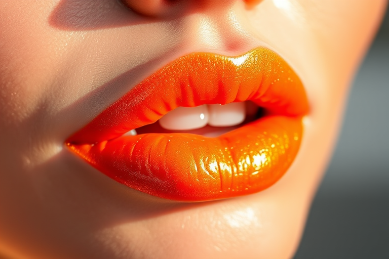 Holographic orange lip gloss "Solar Flare" with warm gold shift and high-shine finish, perfect for summer looks and sunset-inspired makeup, non-sticky and hydrating formula