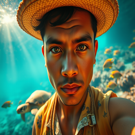 Realistic selfie image of a Samoan, wearing a vintage outfit, detailed dreamy eyes, droopy hooded eyes, staring at the camera, taken underwater at coral reef with a sunbeam filtering through the water, vibrant, summer vacation, natural lighting, turtle and school of tropical fish with vibrant colors, rendered in the style of CryEngine, Pegi Nicol MacLeod, with realistic genre scenes, hauntingly beautiful narratives, ultra-realism, and Thomas Saliot's close-up technique, 8K resolution, crystal clear and sparkling water.