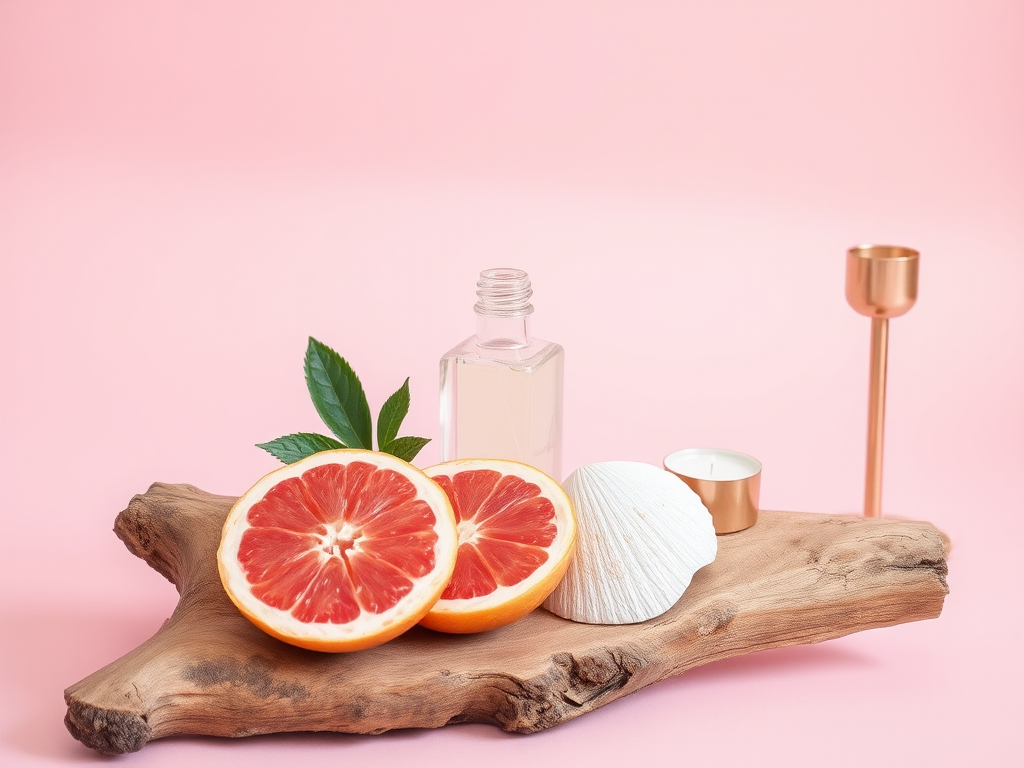 Create a still life image featuring a wooden driftwood base with two halved pink grapefruits, a clear glass nail polish bottle, a seashell, and a copper candle holder, set against a soft pink background; use a DSLR camera with a 50mm lens, aperture set to f/2.8 for shallow depth of field, ISO 200 for reduced noise, and a shutter speed of 1/60s for optimal light exposure.