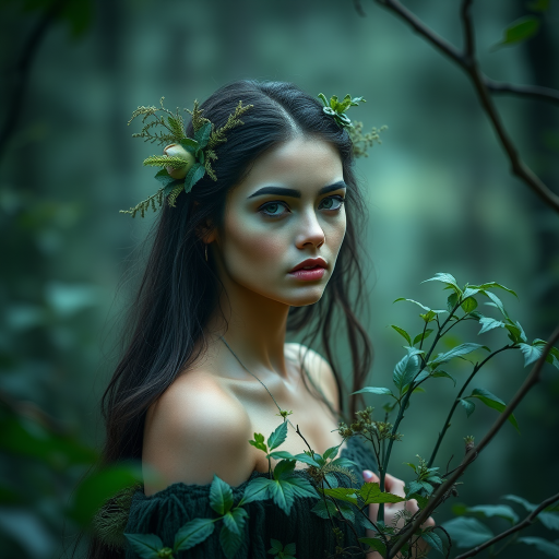 Create an ethereal portrait of a forest nymph with green foliage and intricate details in a misty forest setting, using a Canon EOS R5 camera, 85mm f/1.2 lens, aperture set to f/2.8, ISO 100, and a soft-focus background effect.