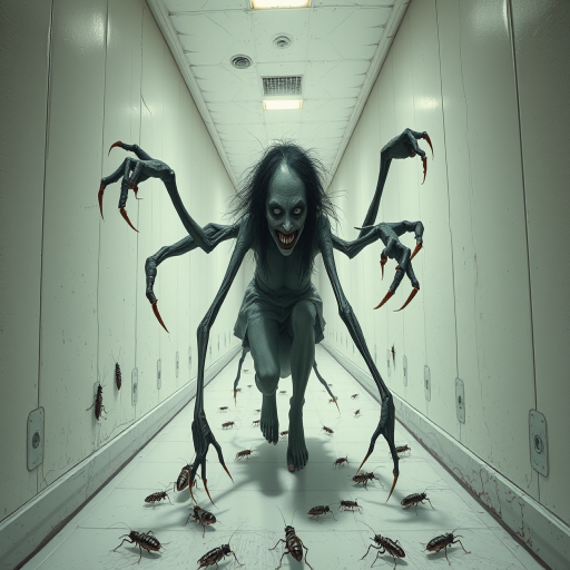 a crooked female with long arms and a creepy smile is crawling along a long white corridor and you can also see cockroaches in it there is a creepy atmosphere creepy art style