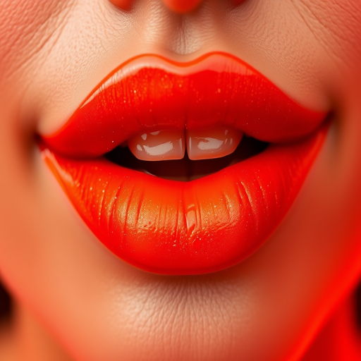 Fiery orange-red lips with a vinyl finish, dubbed "Lava Flow," featuring a subtle gradient effect and fine golden shimmer for a molten, smoldering appearance
