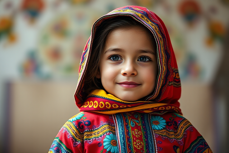 A beautiful Afghan girl, wearing colorful bird clothing with vibrant colors