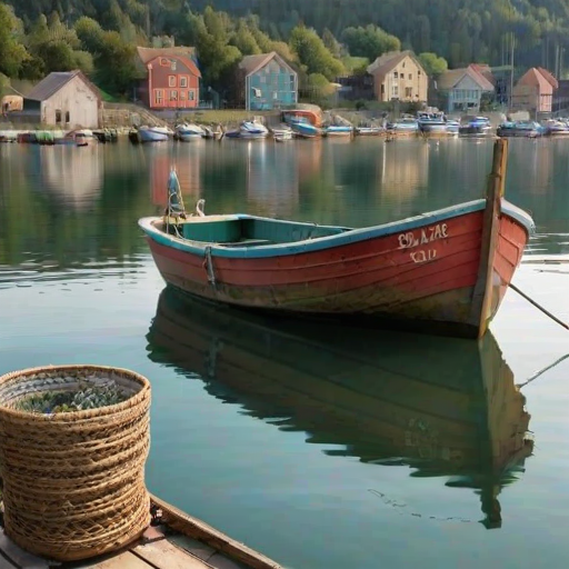 Rustic fishing boat bobbing in a quiet harbor, with nets and gear scattered around, evoking a sense of tranquility and the beauty of simple living.