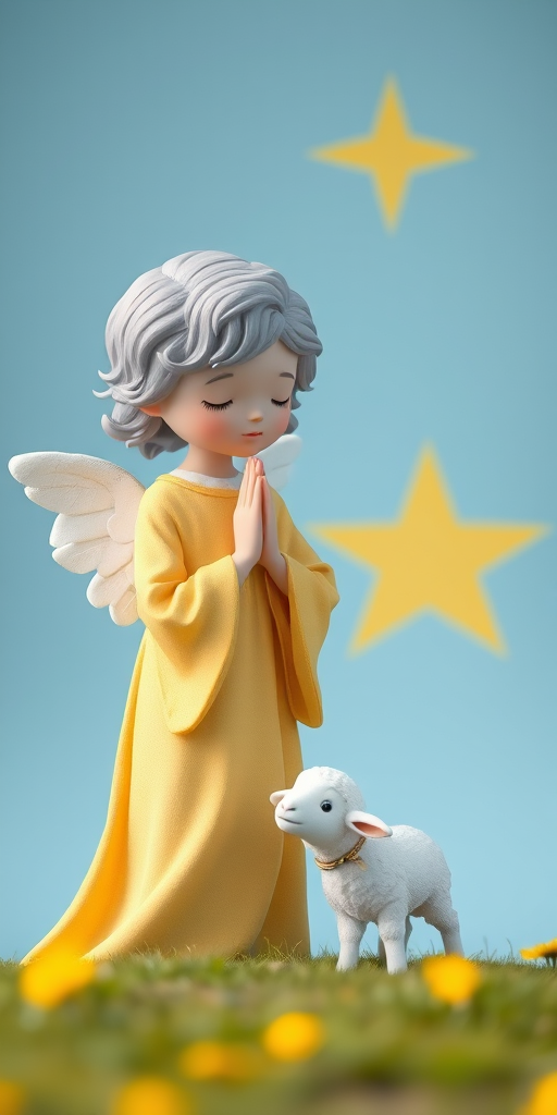 Create a high-resolution illustration of a praying angel with gray hair and a yellow robe standing next to a small lamb against a light blue background featuring a large yellow star, shot with a DSLR camera at f/2.8, ISO 100, 50mm lens, natural lighting, and a shallow depth of field.