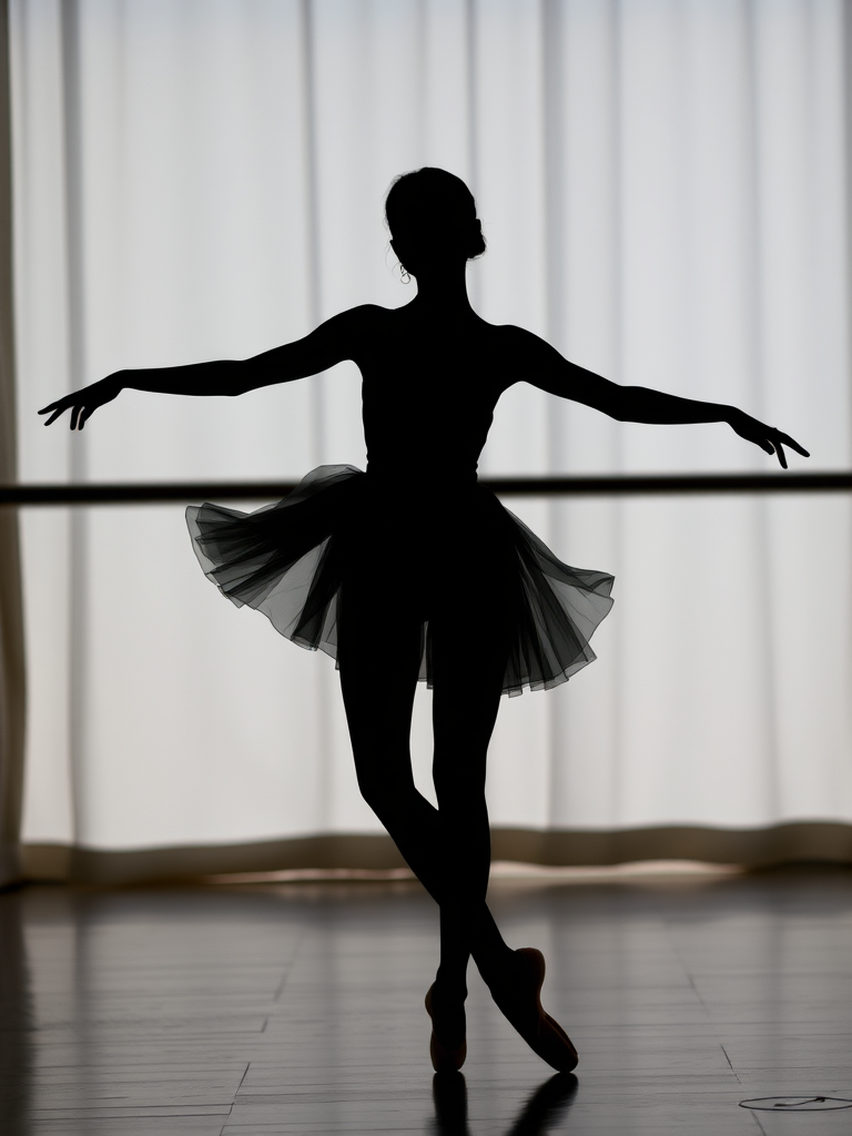 Create a high-resolution silhouette of a ballet dancer in a graceful pose with arms extended, using a DSLR camera with a 50mm lens, aperture f/2.8, ISO 100, shutter speed 1/200s, shot from a low angle with a soft focus background for dramatic effect.