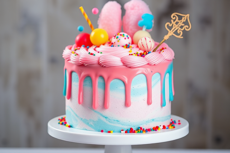 Create an image of a colorful cake featuring a swirl of pink and blue frosting with dripping icing on the sides topped with cotton candy, colorful sprinkles, and decorative cake toppers arranged artistically on a white cake stand with a blurred background.