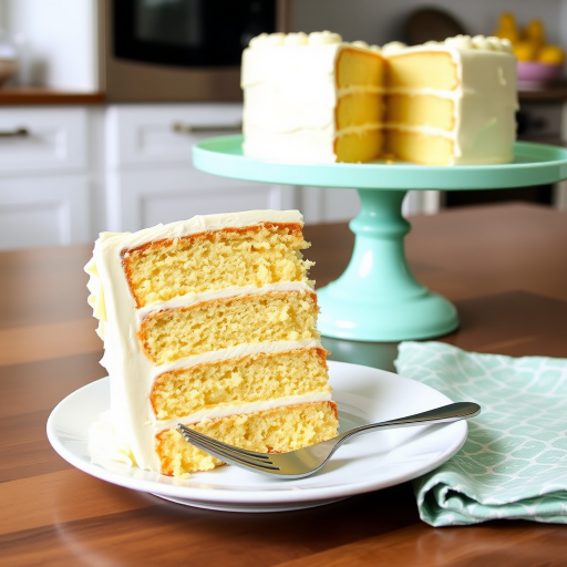 A slice of layered vanilla cake with creamy frosting on a white plate next to a fork and a patterned napkin, with a whole cake displayed on a mint green cake stand in the background, set against a modern kitchen backdrop.