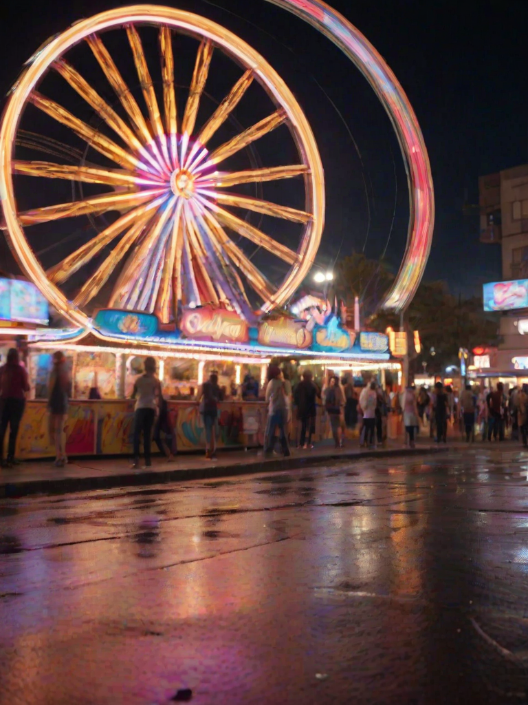 Blurry action shot of a carnival ride spinning at night, colorful lights streaking in circles, with soft reflections of neon signs on the wet pavement and distant fireworks lighting up the sky.