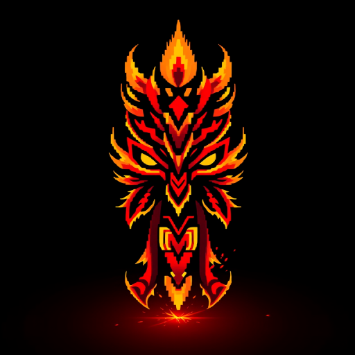 create a pixel art image of a fiery red and yellow abstract design resembling a tribal totem, use a DSLR camera with a 50mm lens, f/1.8 aperture, ISO 100, in studio lighting for enhanced colors and sharpness